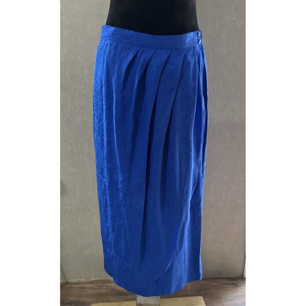 Vintage 80s Nora Noh Royal Blue 100% Silk Jacquard Pleated Wrap Skirt 10